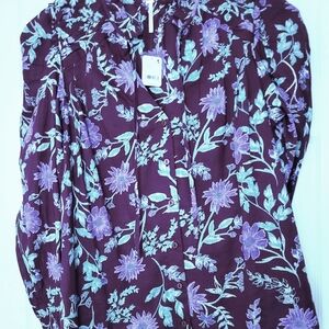 NEW Free People long sleeve plum colored print cotton blouse, size LG.